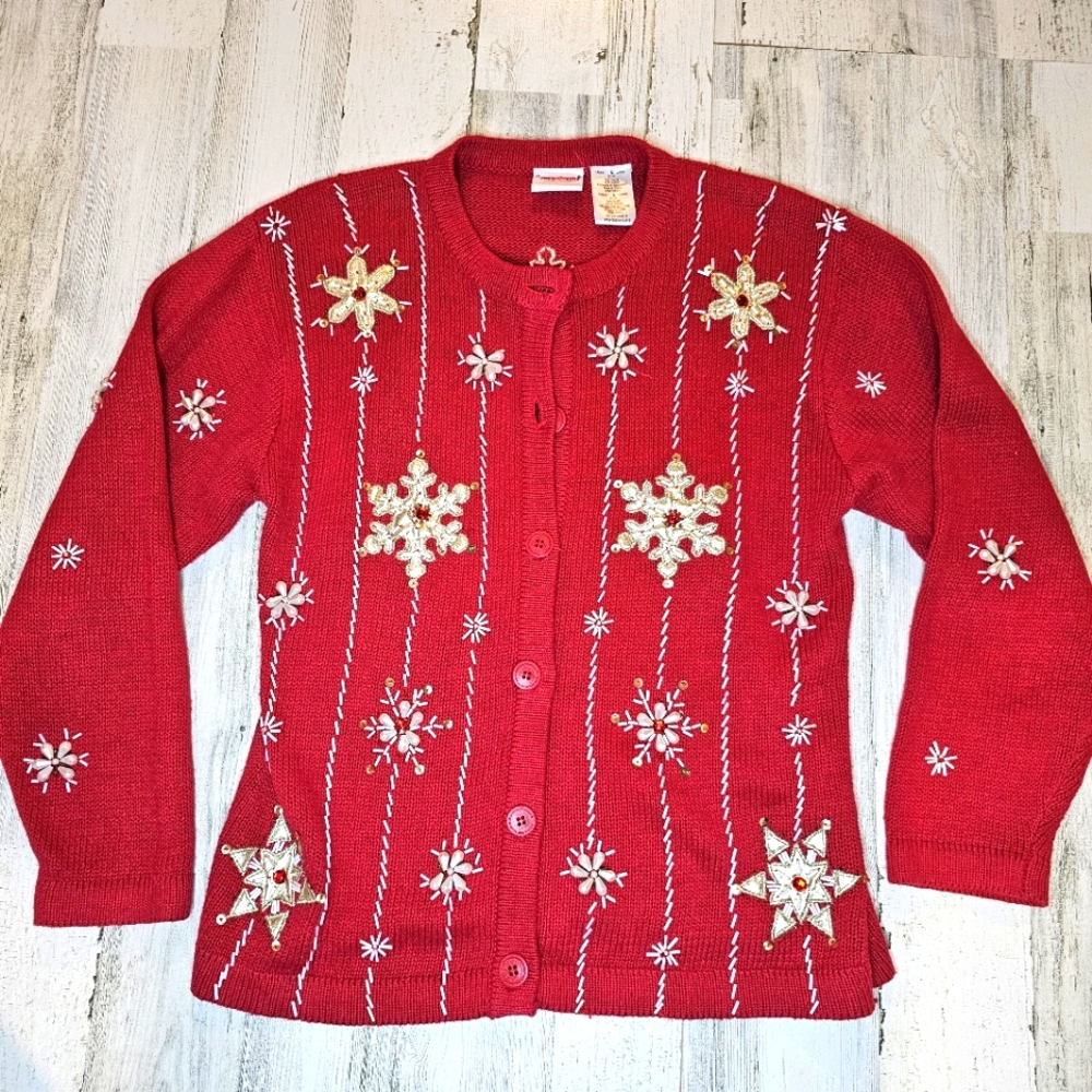 VTG Bobbie Brooks Women’s Red Beaded Snowflake Cardigan Sweater Large Christmas